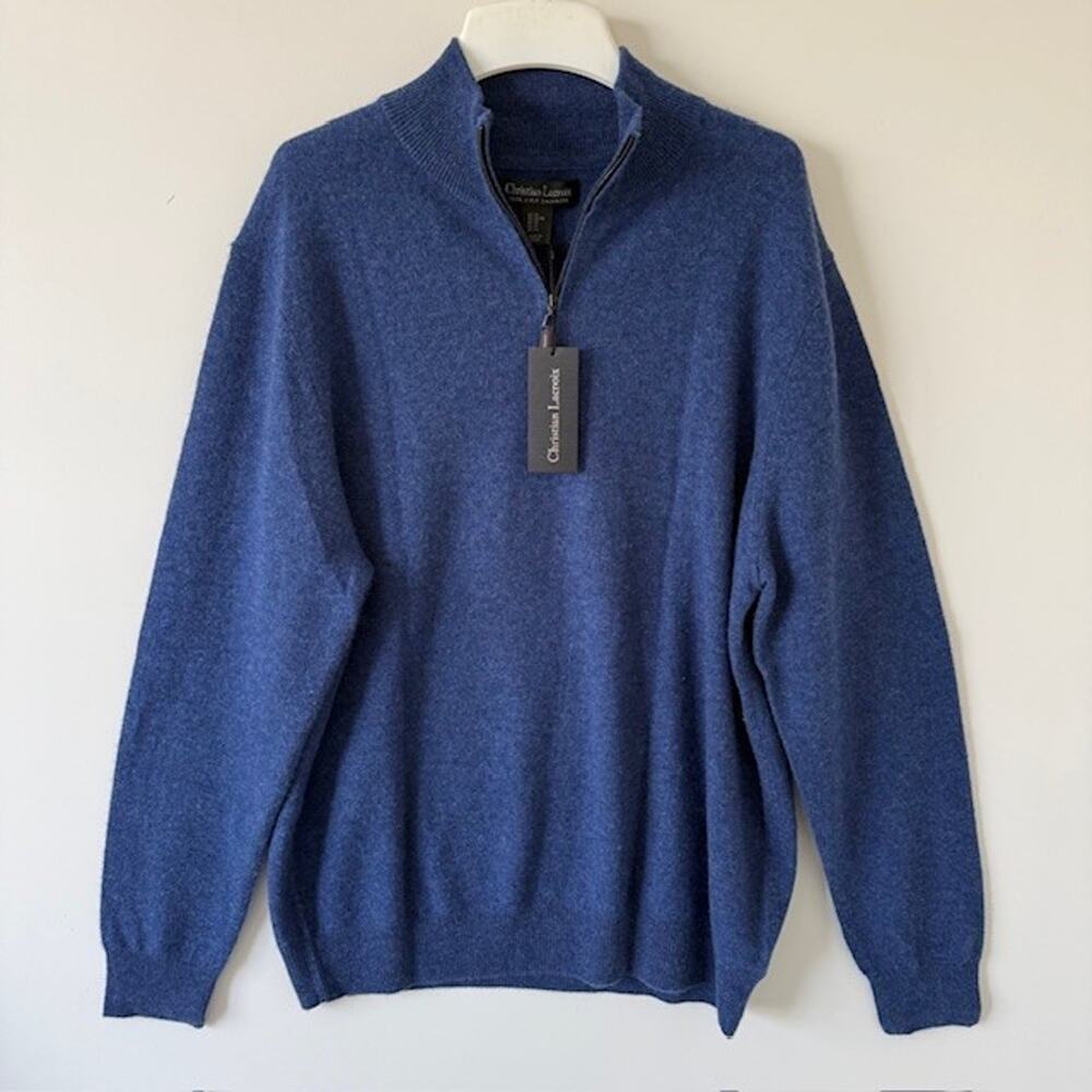 NWT Christian Lacroix Paris CASHMERE One Quarter ZIP Sweater Dark Blue Men's XL